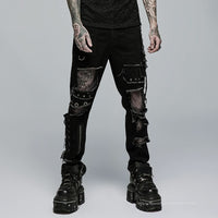 Model wearing Soulless Existence pants, showing off the black distressed panels and high-contrast mesh lining.