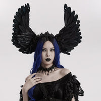 Gothic women's headpiece with black floral lace headband and winged accents on each side.